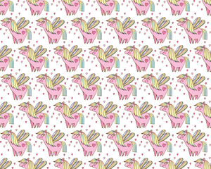 Children's seamless pattern. Cute, happy pink ponies among hearts on white background in vector. Fairy pony child. Mythical pony for children. Beautiful background for textiles, paper,