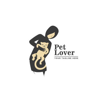 Pet Lover Logo Vector Icon Ilustration, The Silhouette Of A Woman Hugging A Cat