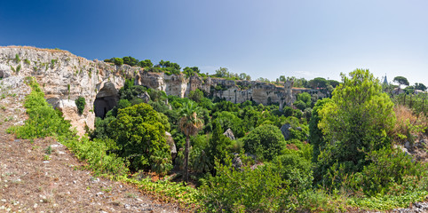 Panoramic view of the Latomie near the Greek theater of Syracuse, in Sicily Italy.