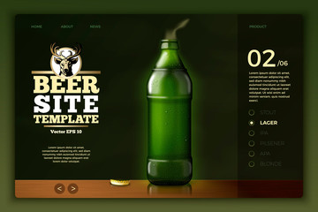 Vector realistic 3d green beer bottle on bright modern site template with typographic background. Mock-up for product package branding.
