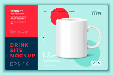 Vector realistic 3d tea mug isolated on bright modern site template with typographic background. Mock-up for product package branding.