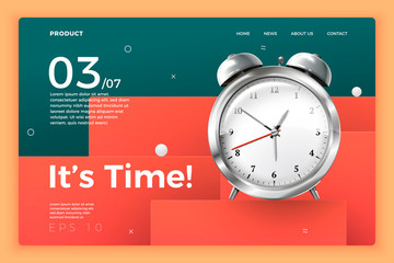 Vector realistic 3d clockwork watch isolated on bright modern site template with typographic background. Mock-up for product package branding.