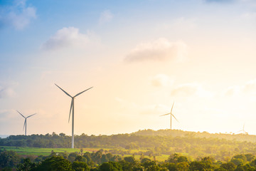 Green energy concept, eco power. Wind turbine located along the hill with the wind blowing all the time. Can produce renewable energy as well. Considered a clean energy.