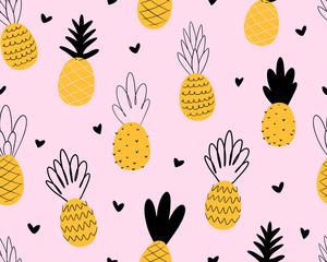 Ananas en harten naadloos patroon. Leuke ananasachtergrond. Vector heldere print voor stof of behang.