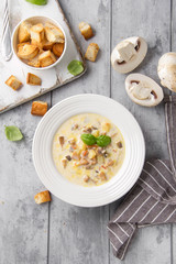 Cheese soup with mushrooms, potatoes, carrots and croutons Delicious cozy first course, autumn food