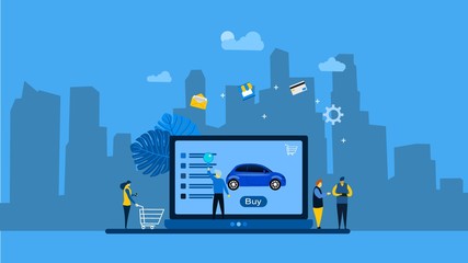 Online car online with Tiny People Character Concept Vector Illustration, Suitable For Wallpaper, Background, Card, banner,Book Illustration, Web Landing Page
