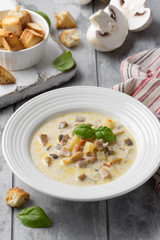 Cheese soup with mushrooms, potatoes, carrots and croutons Delicious cozy first course, autumn food