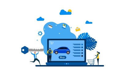 Website or landing page of Online car online with Tiny People Character Concept Vector Illustration, Suitable For Wallpaper, Background, Card, banner,Book Illustration, Web Landing Page