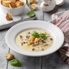 Cheese soup with mushrooms, potatoes, carrots and croutons Delicious cozy first course, autumn food