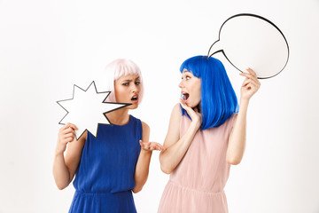 Portrait of two confused and delighted women wearing blue and pink wigs holding empty placards for...