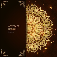 Abstract luxury glitter mandala on dark background with shine light. Ornament elegant invitation for wedding card. Gift invite with royal motif. Backdrop cover banner illustration vector design