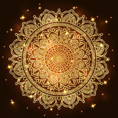 Abstract luxury glitter mandala on dark background with shine light. Ornament elegant invitation for wedding card. Gift invite with royal motif. Backdrop cover banner illustration vector design