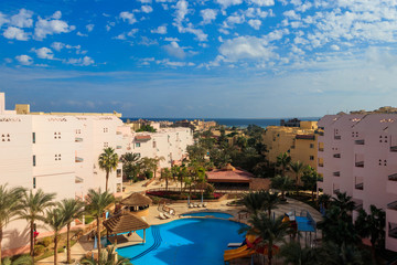 Fototapeta premium View of the luxurious hotel with a swimming pool and Red sea