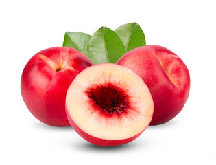 Nectarine fruit with leaf isolated on white background. full depth of field