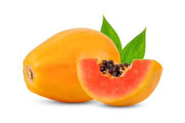 ripe papaya fruit with leaf isolated on white background. full depth of field