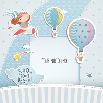 Baby shower design. Greeting card with baby girl pilot. Digital scrapbooking.