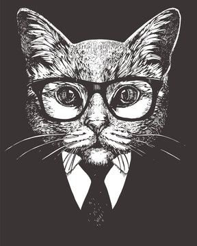 Portrait of Cat in suit. Hand-drawn illustration. Vector