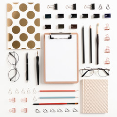 Layout of clipboard mockup, stationery, notepads, glasses, watercolor