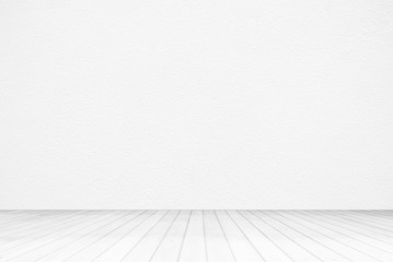 White Concrete Room with Wooden Pavement Background.