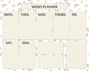 Weekly planner page template design for autumn time. Cute page for everyday plans and notes with doodle autumn leaves