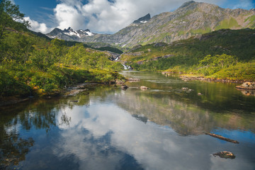 Beautiful Scandinavian landscape, mountains and a lake on the Vesteralen archipelago in Norway
