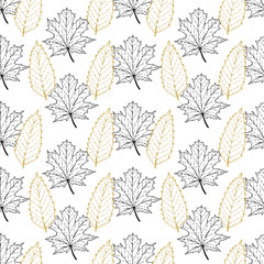 Fototapeta premium Seamless pattern with tree leaves. Pattern with black and gold outline. Chestnut and maple leaves