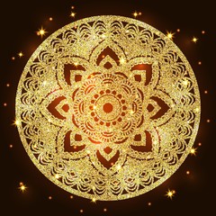 Abstract luxury glitter mandala on dark background with shine light. Ornament elegant invitation for wedding card. Gift invite with royal motif. Backdrop cover banner illustration vector design