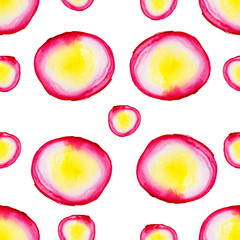watercolor circles colored in pink and yellow seamless pattern