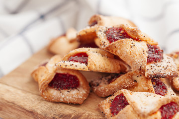 Stack of crunchy tasty cookies on a kitchen table close up