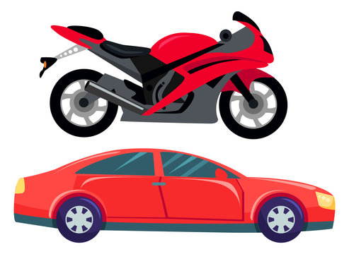 Sport car vector isolated transportation. Vehicle transport of cool modern type and shape. Motorbike and bike with seat, lorry. Buy new car and moto bike. Flat cartoon