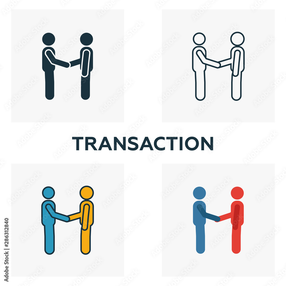 Poster transaction icon set. four elements in diferent styles from blockchain icons collection. creative tr