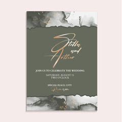 Wedding green invitation cards with Luxury gold and rustic marble texture background and Abstract liquid style vector design template