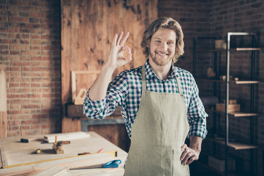 Portrait Of His He Nice Attractive Handsome Cheerful Cheery Guy Small Business Shop Owner Showing Ok-sign Recommend At Industrial Brick Loft Style Interior Indoors Workplace