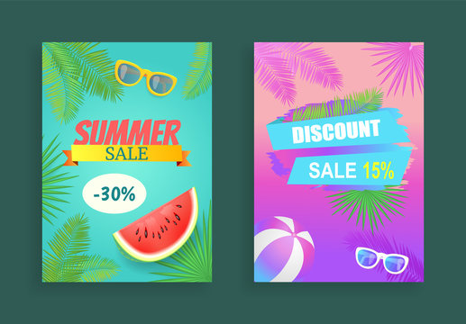 Summer sale reduction of price set of banners with palm tree and exotic plants leaves. Watermelon fruit with seeds and sunglasses with ball vector