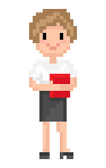 Pixel character vector, isolated woman wearing formal clothes and holding file, documents or book, office worker secretary lady studying, pixelated game personage