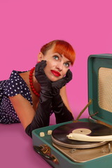 girl listening to a gramophone