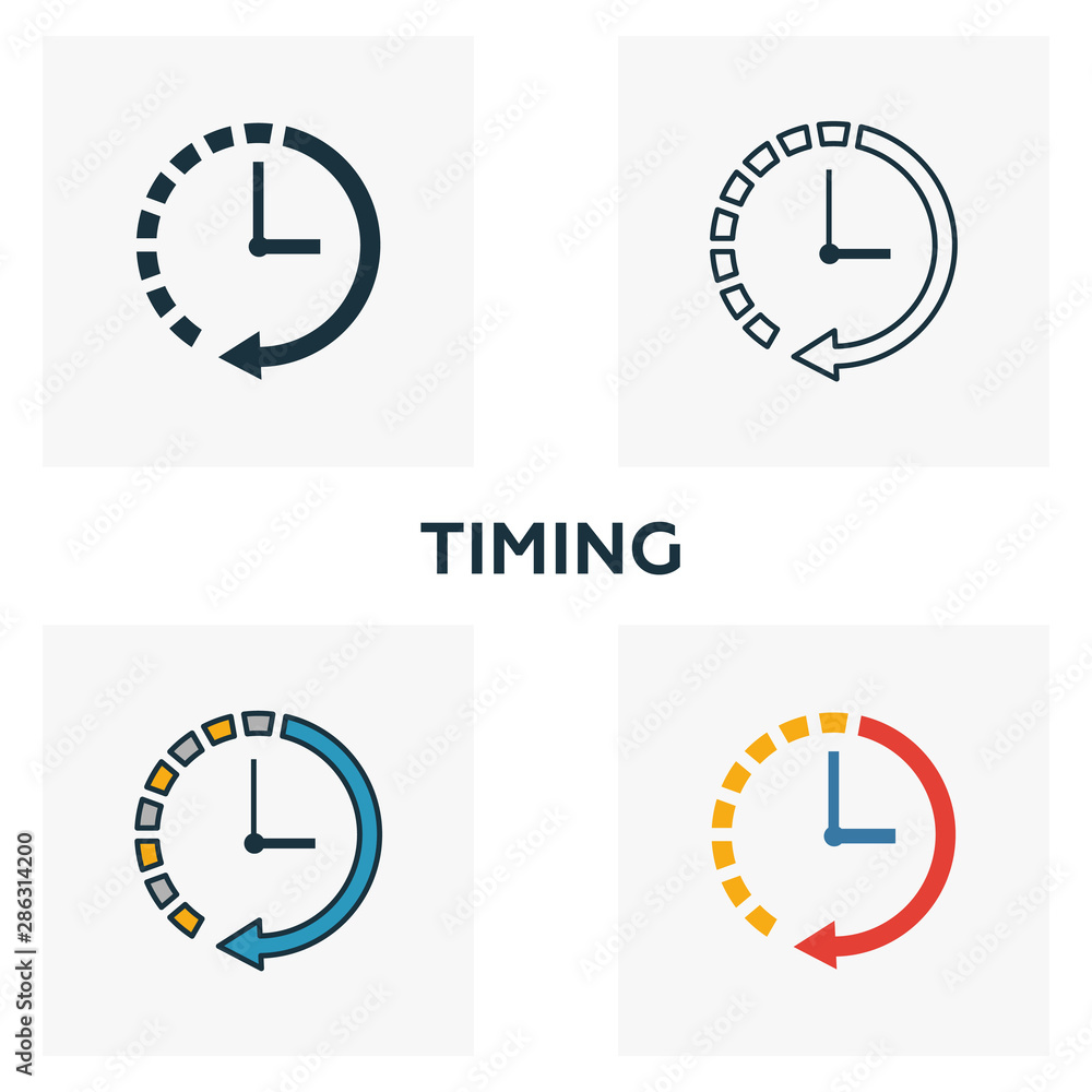 Poster timing icon set. four elements in diferent styles from business icons collection. creative timing ic