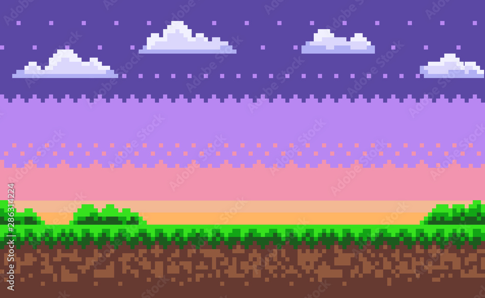 Poster nobody interface of pixel game platform, evening and sunset view, cloudy sky and green grass with bu