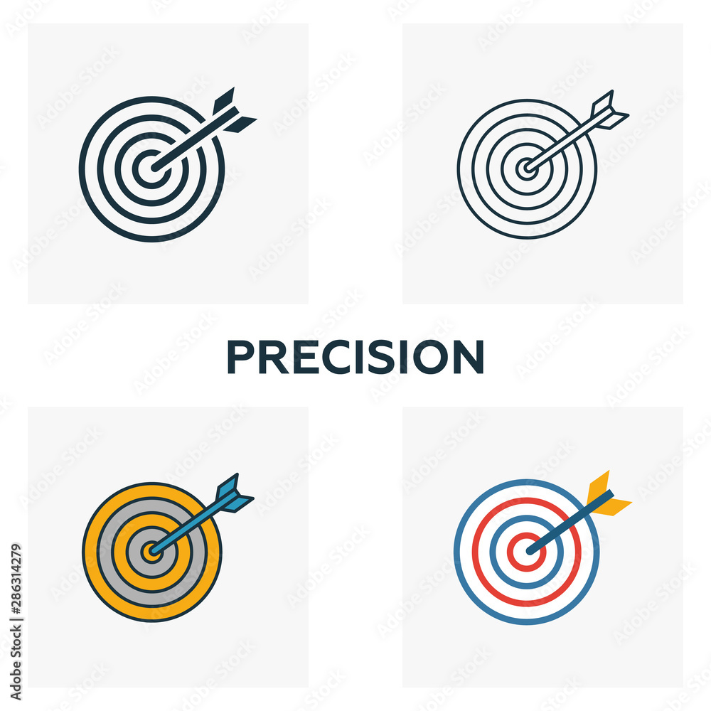 Poster precision icon set. four elements in diferent styles from business icons collection. creative precis