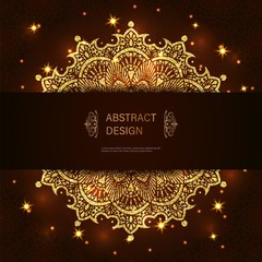 Abstract luxury glitter mandala on dark background with shine light. Ornament elegant invitation for wedding card. Gift invite with royal motif. Backdrop cover banner illustration vector design