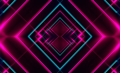 Dark abstract futuristic background. Neon lines, glow. Neon lines, shapes. Pink and blue glow