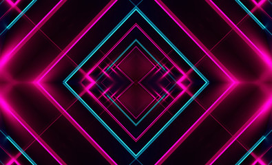 Dark abstract futuristic background. Neon lines, glow. Neon lines, shapes. Pink and blue glow