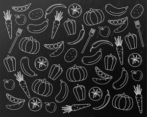 Vegetables pattern line art Vector. Pumpkin, carrot and tomatoes sketch. Menu grocery backgrounds