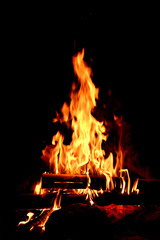 Orange-red flame in the firewood pile