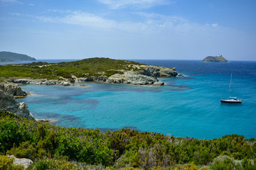 Sailing boat, Cap Corse. Sentier des douaniers. Corsica island, France