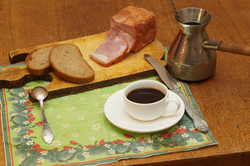 Quick breakfast, ham, bread, coffee
