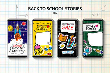 Back to school Instagram Stories template. Streaming, vector illustration.