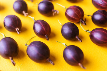 Ripe fresh gooseberries on a yellow paper background. Concept of healthy organic food, berries crop. Minimalism, place for text.