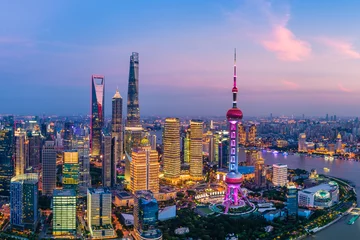 Foto op Canvas Luchtfoto van de skyline van Shanghai & 39 s nachts, China. © ABCDstock