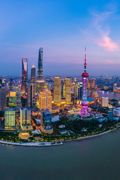 Aerial View Of Shanghai Skyline At Night,China.